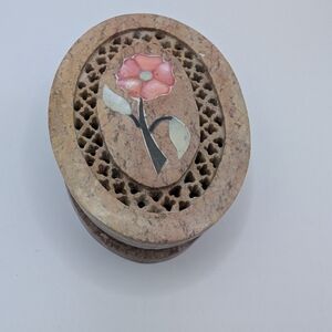 Oval Marble Trinket Box with Inlaid Flower